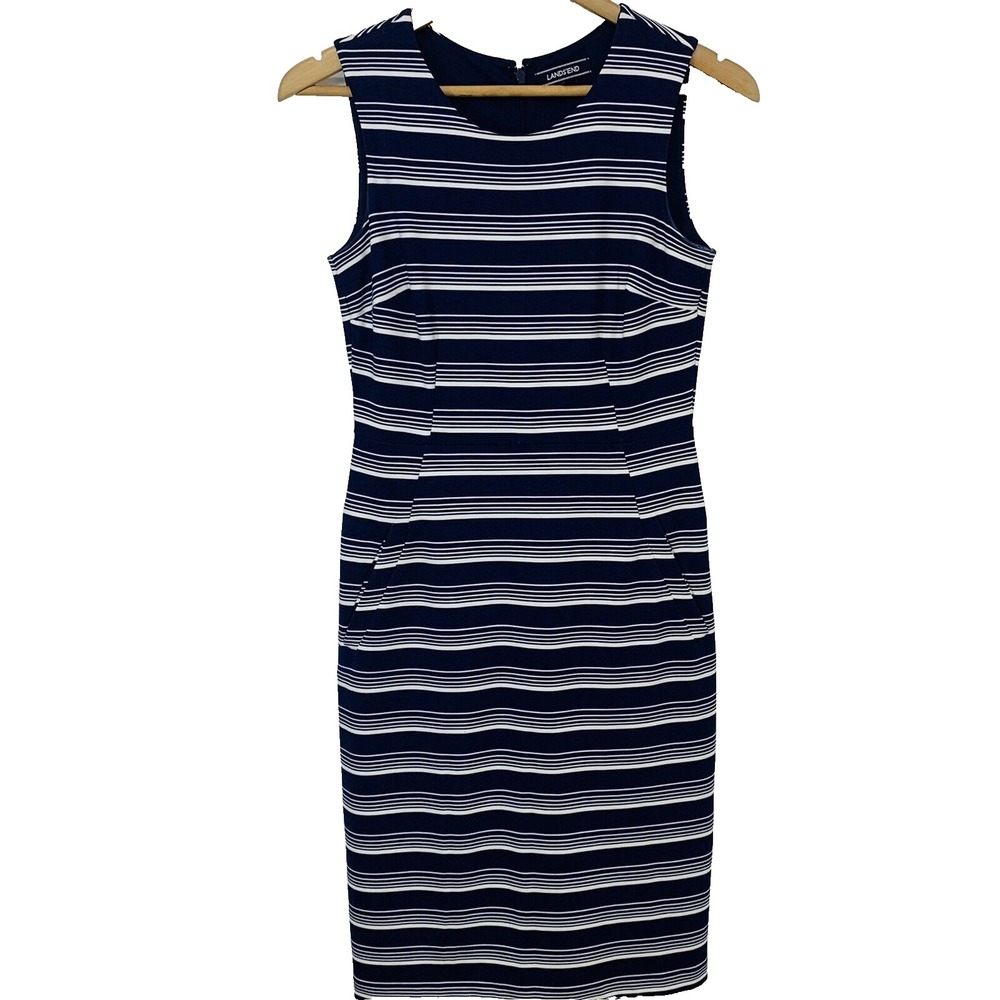 Lands End Navy Blue White Stripe Dress 2 Sleeveless Pockets Stretch Knee Length